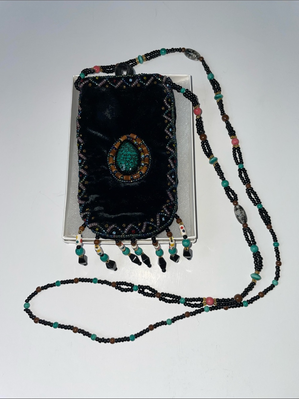 Vintage silk & Black Velvet Beaded Crossbody Pouch with Turquoise Accent - Picture 2 of 8